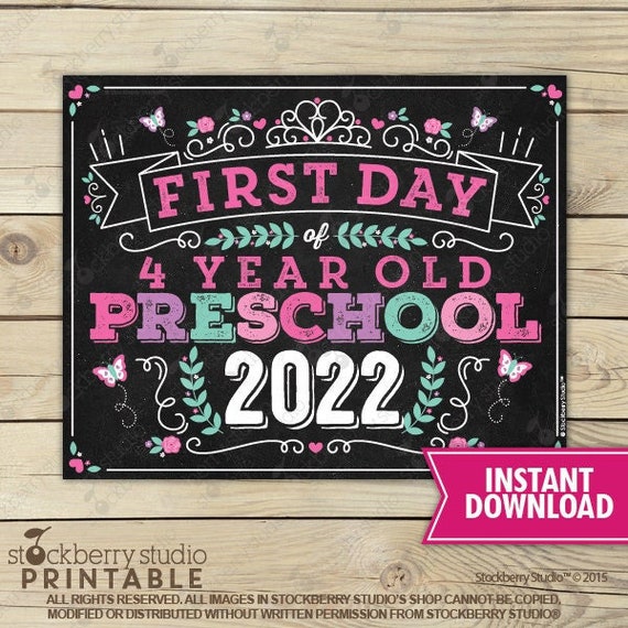 Princess First Day of 4 Year Old Preschool Sign Instant Download Girl First Day of Preschool Sign Printable First Day of School Sign Il_570xn