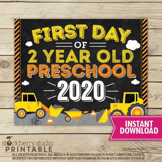 Construction First Day of 2 Year Old Preschool Sign Instant Download - First Day of Preschool Sign Printable - Boy First Day of School Sign Il_570xn
