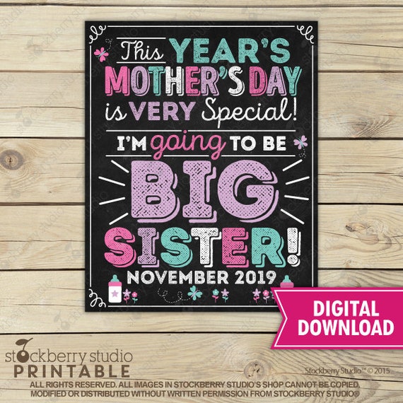 Mother's Day Big Sister Pregnancy Announcement Chalkboard Sign Printable - Mothers Day Baby Announcement Sign - Photo Prop Pregnancy Reveal Il_570xn