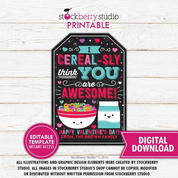 Cereal Valentine's Day Gift Tags Printable I Cereal-sly Think You're Awesome Tag Staff Valentine Teacher Classroom Gifts Instant Download Il_570xn