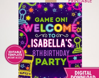 Girl Arcade Game Birthday Party Welcome Sign Printable Glow Arcade Games Welcome Signs Girls Birthday Decor Digital Editable Template