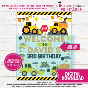 Construction Birthday Party Welcome Sign Printable Dump Truck Digger ...