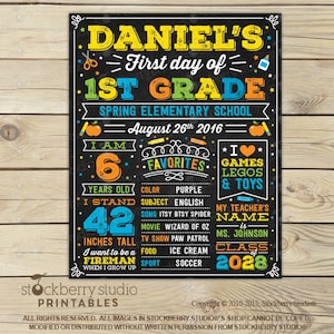 May include: A rectangular chalkboard-style sign for Daniel's first day of 1st grade at Spring Elementary School on August 26th, 2016. It features colorful text and graphics including a 6-year-old age, 42 inches tall, and favorite interests.