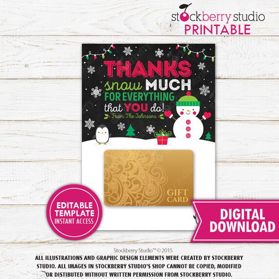 Christmas Gift Card Holder Printable Thanks Snow Much - Personalized Christmas Teacher Gift - Principal Christmas Gifts - Nurse Holiday Gift Il_570xn