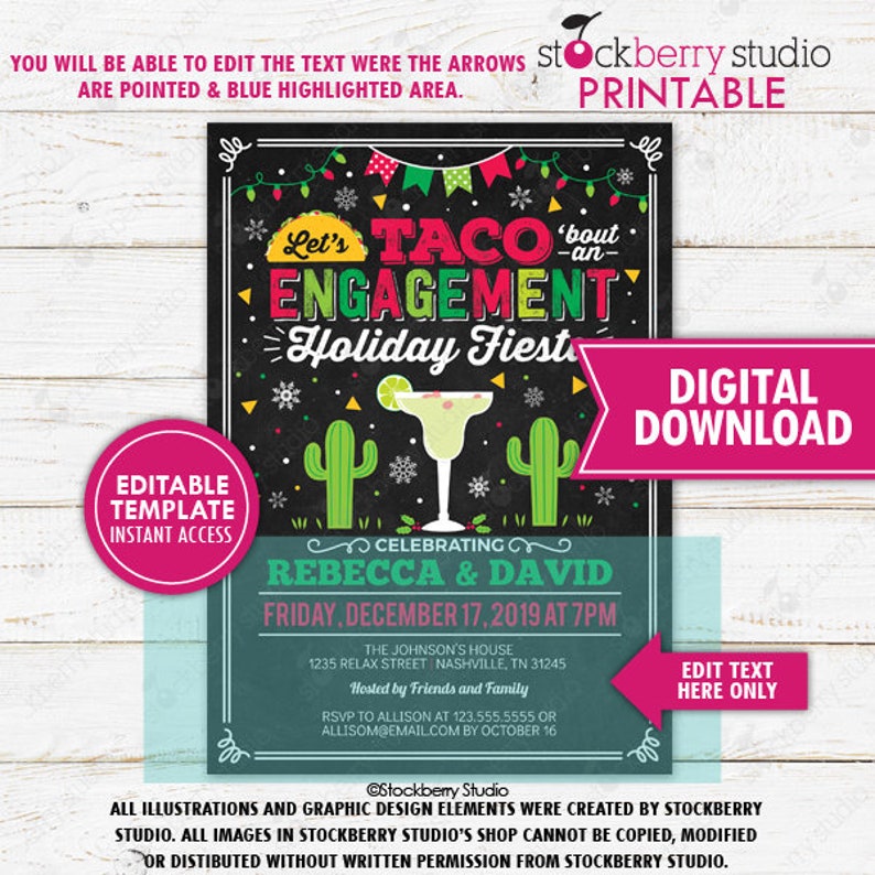 Fiesta Engagement Invitation Printable Holiday Taco Bout A Love Invite Margarita and Mistletoe Feliz Navidad Party Editable Template image 3