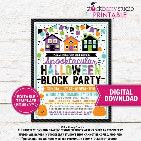 Halloween Block Party Flyer Invitation Neighborhood Festival Church School Community Event Invite Printable Template Editable Digital Il_570xn