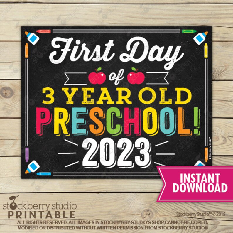 First Day of 3 year old Preschool Sign Printable 1st Day of Preschool First Day of School Sign Chalkboard Sign Instant Download image 1