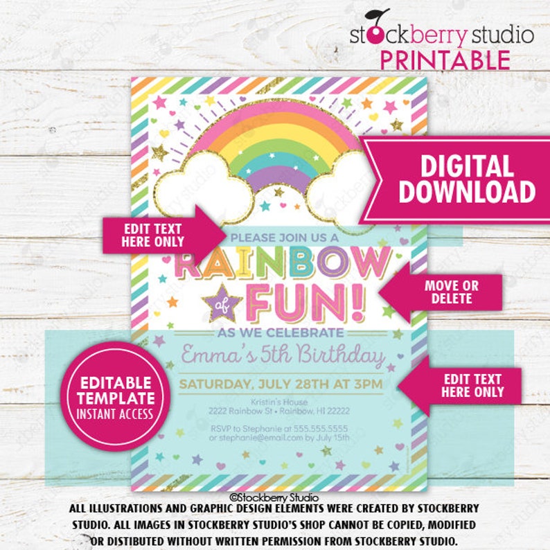 May include: Printable invitation for a Rainbow Fun birthday party. The invitation features a rainbow with clouds, stars, and glitter. The text says "Please join us a Rainbow Fun! As we celebrate Emma's 5th Birthday." The invitation is editable and includes the date, time, and location of the party.