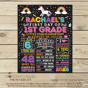 May include: A chalkboard-style sign for Rachael's first day of 1st grade at Little Star Elementary on August 26, 2017. The design features a white unicorn, rainbows, and colorful text detailing favorites, age 6, and 42 inches tall.
