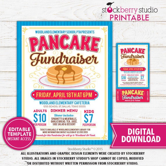 Pancake Breakfast Fundraiser Flyer Ticket PTA PTO School Fundraiser