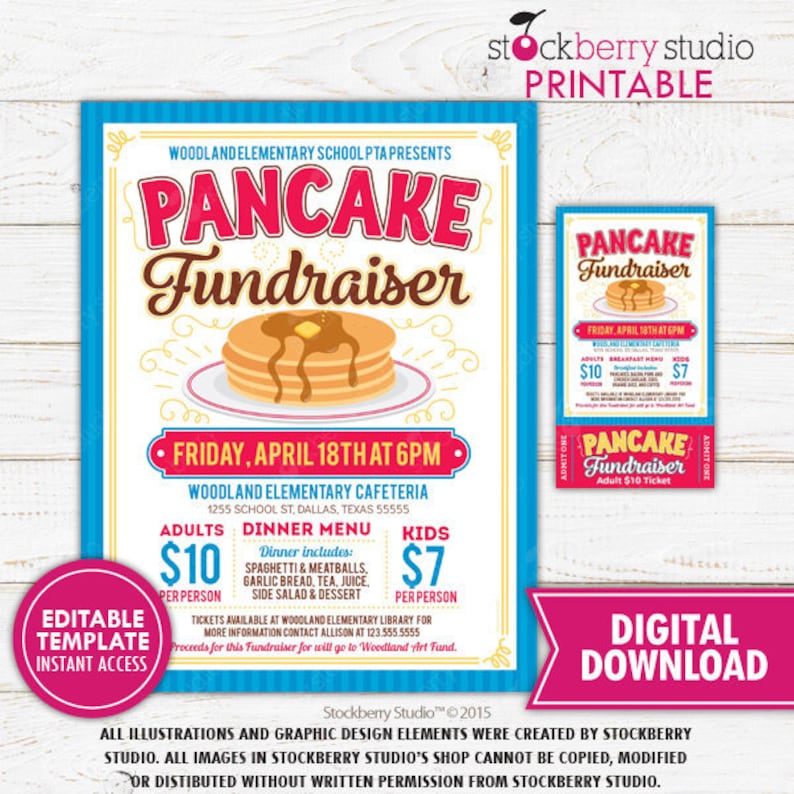 Pancake Breakfast Fundraiser Flyer Ticket PTA PTO School Fundraiser Church Charity Event Invite Template Printable Instant Download Editable Pancake