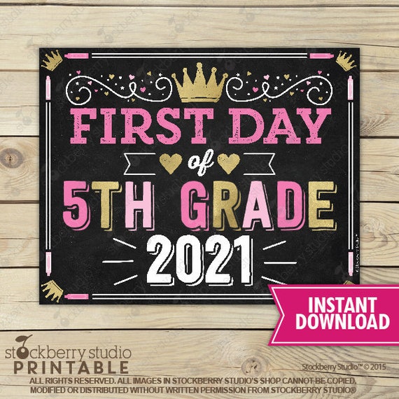 Girl First Day of 5th Grade Sign Princess First Day of School Sign Printable Pink Back to School Sign 1st Day of 5th Grade Fifth Grade Sign Il_570xn
