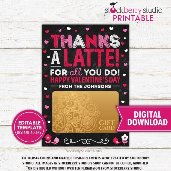 Thanks a Latte Valentines Day Printable Valentine Gift Card Holder Personalized Valentines Day Teacher Gift Valentine Thank You Gifts Il_570xn