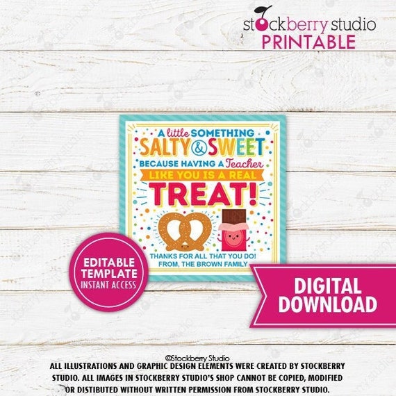 Pretzel Chocolate Gift Tag Salty Sweet Treat Thank You Staff Employee Teacher Appreciation School PTO Printable Editable Template Download Il_570xn