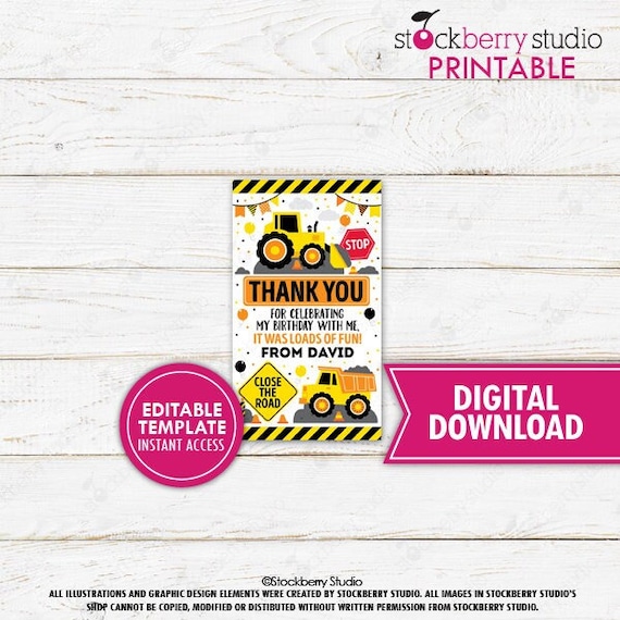 Construction Birthday Party Favor Tag Digger Excavator Dump Truck Birthday Dumper Construction Site Thank You Tag Instant Download Editable Il_570xn