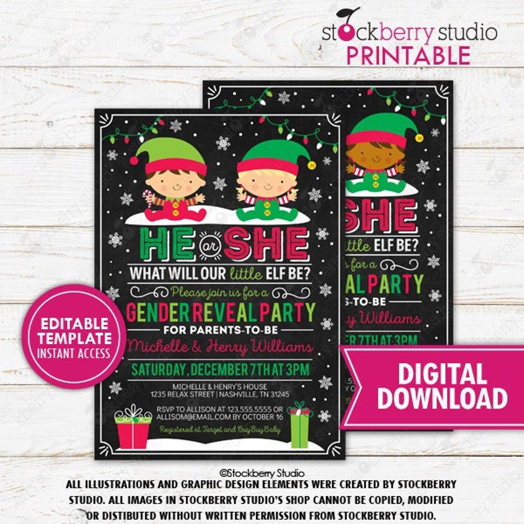 Christmas Gender Reveal Party Invitation He or She Holiday Santa Elf ...