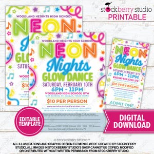Neon Nights Glow Dance Flyer Ticket Set Druckbare Abitur Party einladen Kirche Community Event PTO PTA Digital Download Vorlage
