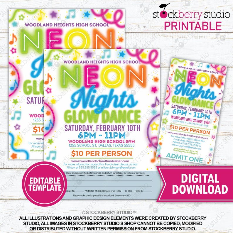 Neon Nights Glow Dance Flyer Ticket Set Printable High School Party ...