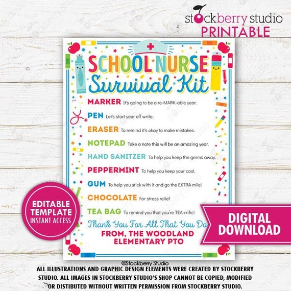 School Nurse Survival Kit Printable Thank You National Nurses Day ...