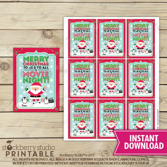 Christmas Movie Gift Tag Printable - Christmas Popcorn Gift Tag - Christmas Movie Night Favor Tags Holiday Movie Night Tag Instant Download Il_570xn