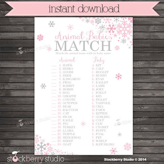 Winter Baby Shower Animal Match Game Printable - Instant Download - Pink and Gray Winter Wonderland Baby Shower Games - Girl Snowflake Baby Il_570xn