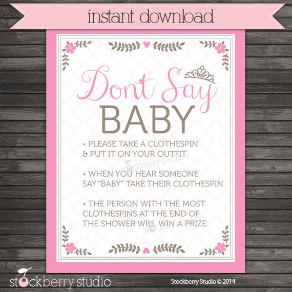 Princess Baby Shower Don't Say Game Printable - Pink Baby Shower Clothes Pin Game - Girl Baby Shower Don't Say Sign Il_570xn