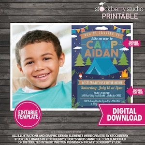 May include: A blue and green camping-themed birthday invitation with a photo placeholder. The invitation says "You're invited to hike on over to Camp Aidan" and includes the date and time of the party.