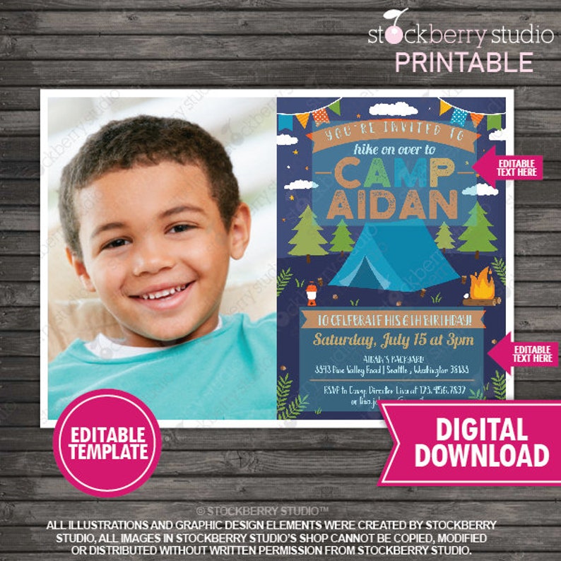 May include: A blue and green camping-themed birthday invitation with a photo placeholder. The invitation says "You're invited to hike on over to Camp Aidan" and includes the date and time of the party.