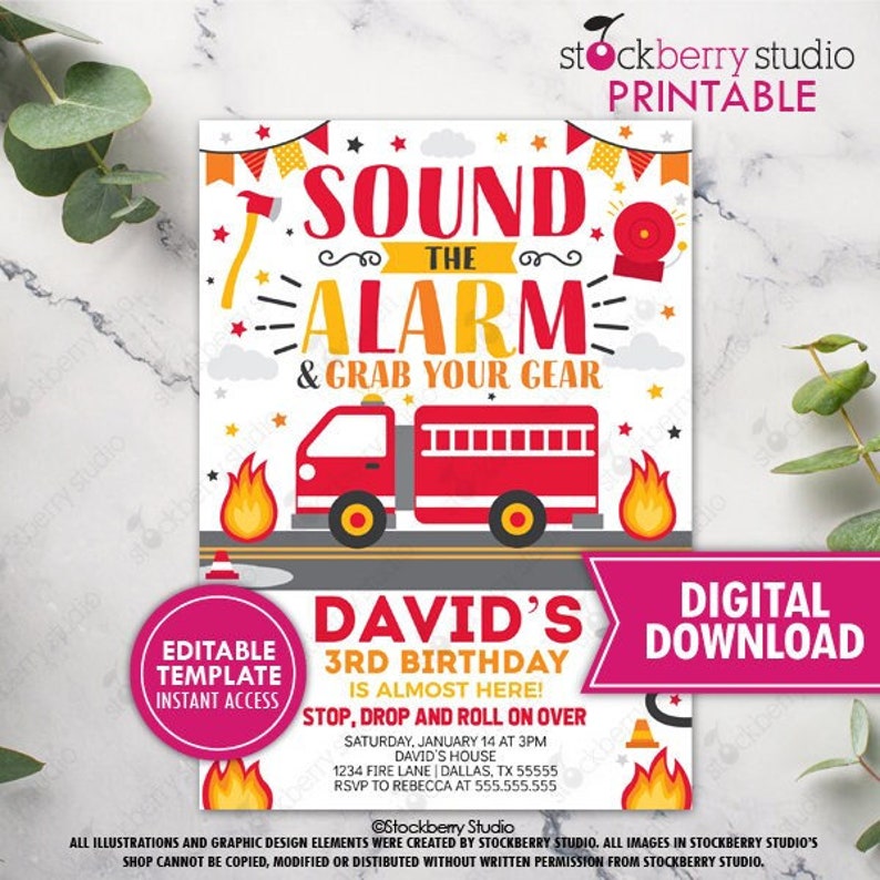Firetruck Invitation Printable Fire Truck Birthday Printed Firefighter Birthday Invite Digital Fireman Birthday Instant Editable Template image 1