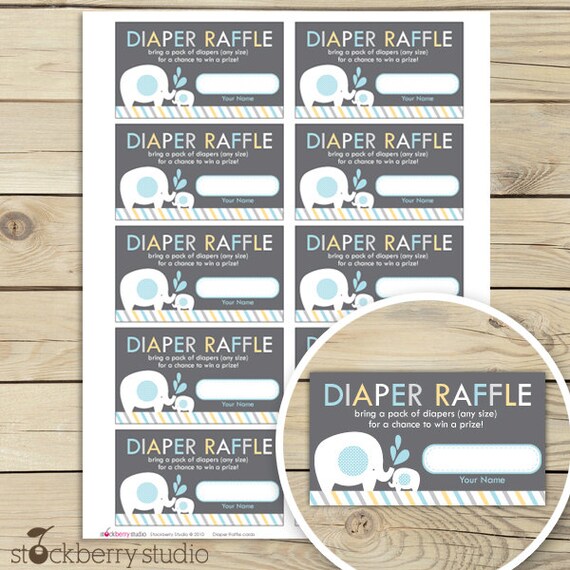 Elephant Diaper Raffle Tickets - Gray Yellow Blue Boy Baby Shower Diaper Raffle Cards - Instant Download - Invitation Inserts - Insert Cards Il_570xn