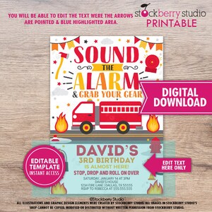 May include: Printable invitation for a 3rd birthday party with a fire truck theme. The invitation features a red fire truck with yellow wheels and a yellow ladder. The text on the invitation reads "Sound the Alarm & Grab Your Gear" and "David's 3rd Birthday is almost here! Stop, Drop and Roll on Over".
