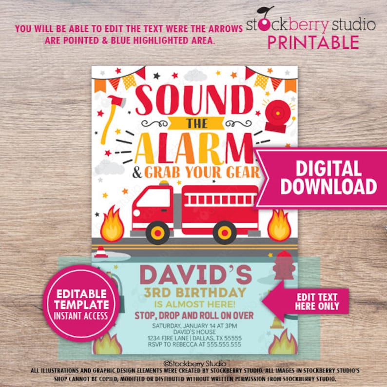 May include: Printable invitation for a 3rd birthday party with a fire truck theme. The invitation features a red fire truck with yellow wheels and a yellow ladder. The text on the invitation reads "Sound the Alarm & Grab Your Gear" and "David's 3rd Birthday is almost here! Stop, Drop and Roll on Over".