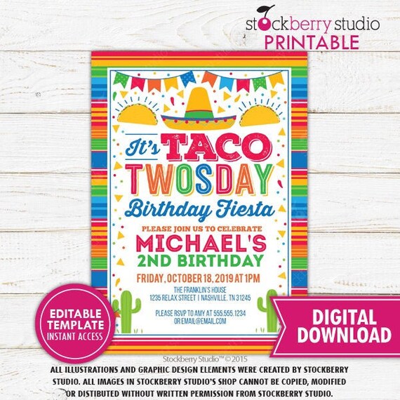 Taco Twosday Invitation Boy Taco 2nd Birthday Girl Printable Fiesta Birthday Invite Editable Mexican Themed Digital Instant Download Il_570xn