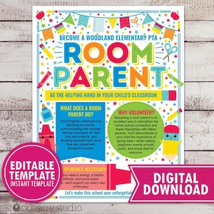 Room Parent Flyer Editable Template Printable PTO PTA Volunteer Recruitment Poster School Parent Helper Room Mom Dad Parent Sign