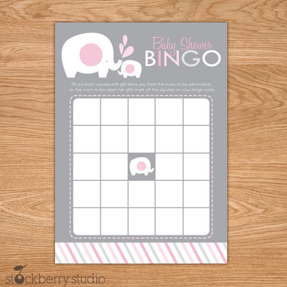 Girl Elephant Baby Shower Bingo Game Printable - Pink and Gray Baby Shower Game - Instant Download - Girl Baby Shower Games - Bingo Cards Il_570xn