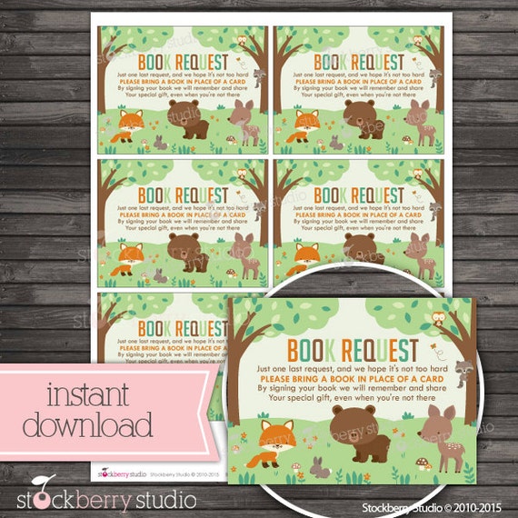 Woodland Baby Shower Book Request Card Printable - Instant Download - Forest Animals Baby Shower Game - Please Bring A Book - Insert Card Il_570xn