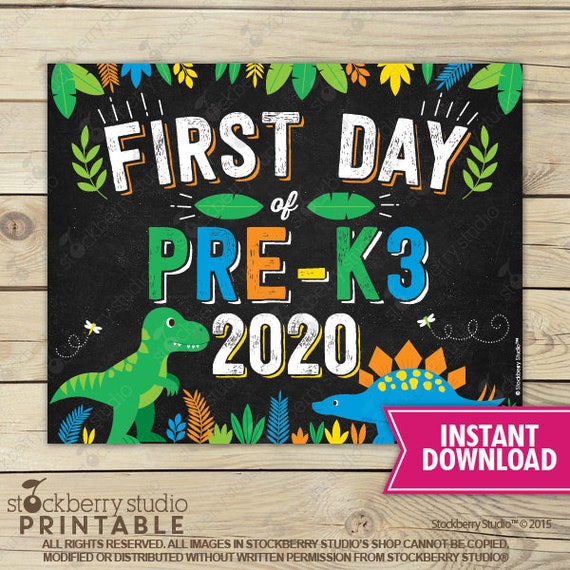 Dinosaur First Day of Pre K3 Sign Instant Download - Dinosaurs First Day of Pre-K 3 Sign Printable - Boy First Day of School Sign Il_570xn