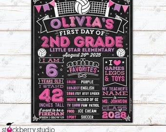 May include: A black chalkboard-style sign with pink and white text and graphics for a first day of 2nd grade. It features a volleyball, banners, and sections for age, height in inches, favorites, teacher name, and class year for Olivia.