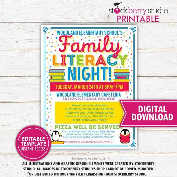 Family Literacy Night Flyer Book Sale PTA School Fundraiser Flyer Template Book Fair Church Event Printable Instant Download Editable Il_570xn