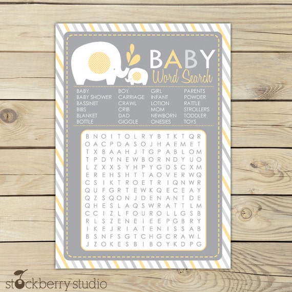 Elephant Baby Shower Baby Word Search Game - Gray Yellow Baby Shower Games Printable - Instant Download - Girl Neutral Baby Shower Activity Il_570xn
