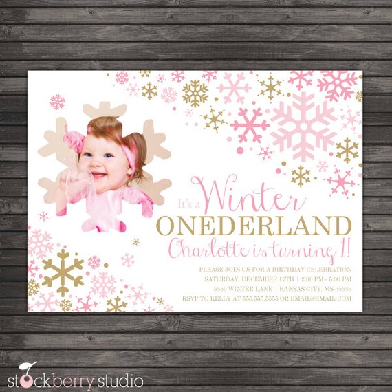 Girl Winter Onederland Birthday Invitation - Girl Winter Wonderland Birthday Invitation - Pink and Gold Winter First Birthday Invitation Il_570xn