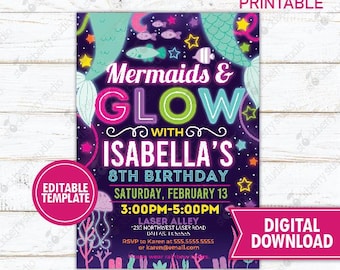Glow Party Invitation Printable Girl Neon in the Dark Glow Invite Rainbow Girls Teen Birthday Printed Invite or Digital Download Editable