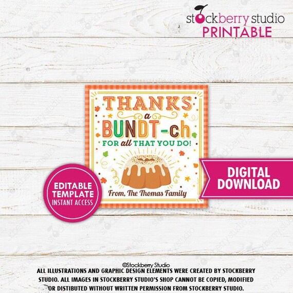 Fall Bundt Cake Gift Tag Printable Autumn Thanks a Bundt'ch Thank You Teacher Appreciation Employee Staff Nurse School PTO PTA Editable Il_570xn