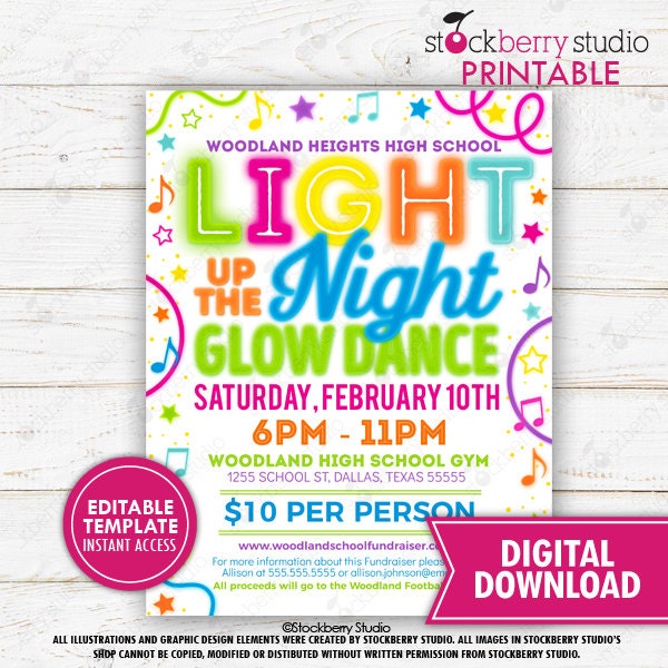 Light up the Night Glow Dance Flyer Ticket Invite Set Printable Neon ...