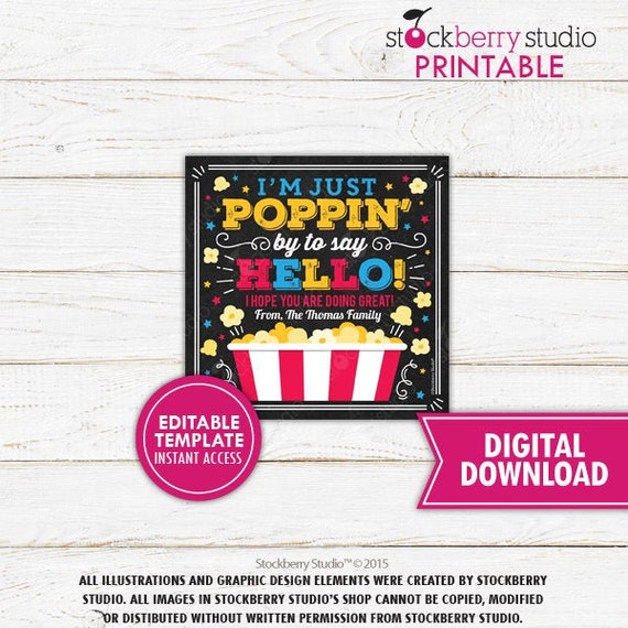 Popcorn Gift Tag Printable Poppin By to Say Hello Thinking of You Gift tag Editable Thank You Tag Il_570xn