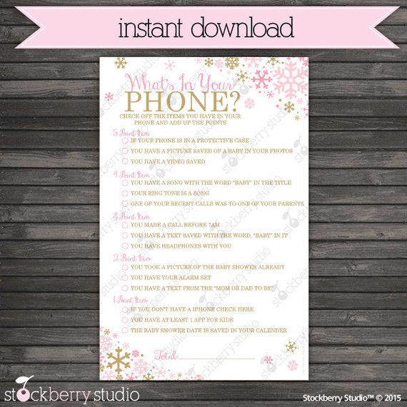 Winter Baby Shower What's In Your Phone Game - Pink and Gold Winter Wonderland Baby Shower Game Printable - Instant Download - Girl Winter Il_570xn
