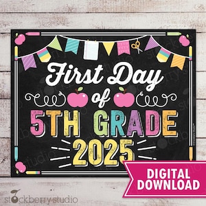 Girl First Day of 5th Grade Sign 1st Day of School Printable First Day of School Sign First Day of Fifth Grade Sign Instant Download