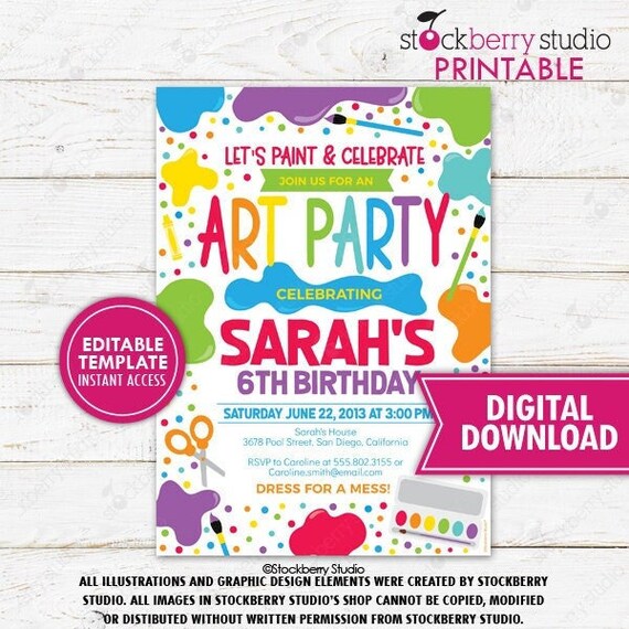 Art Party Birthday Invitation Editable Rainbow Party Painting Dress for