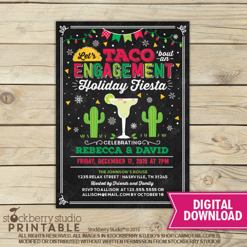 Fiesta Engagement Invitation Printable Holiday Taco Bout A Love Invite Margarita and Mistletoe Feliz Navidad Party Editable Template image 2