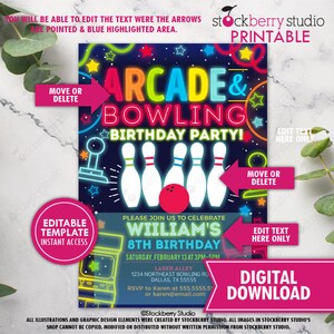 Arcade Bowling Birthday Party Invitation Printable Boy Neon Glow Bowl Games Invite Boys Digital Instant Download Editable Template image 3